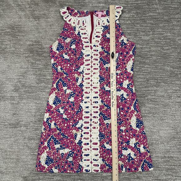 Lilly Pulitzer Dress Womens 12 Pink Blue Shift Sleeveless Lace Trim Printed - Picture 12 of 15